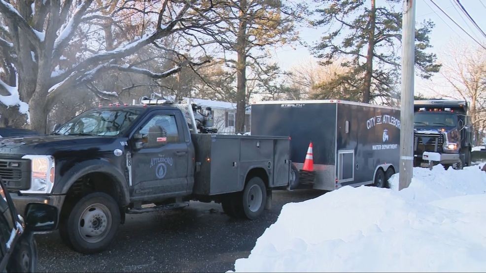 Crews in Attleboro work to repair a watermain break on Jan. 28, 2026. (WJAR)