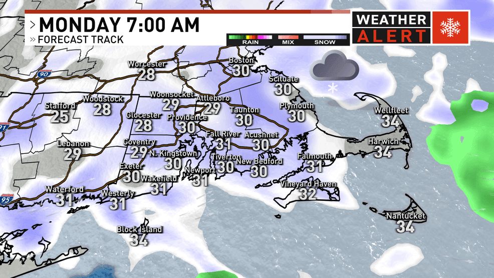 Scattered light snow showers linger initially on Monday morning. (WJAR)
