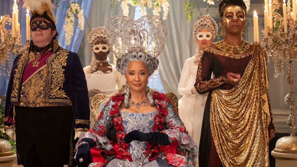 Bridgerton. (L to R) Hugh Sachs as Brimsley, Golda Rosheuvel as Queen Charlotte, Adjoa Andoh as Lady Danbury in episode 401 of Bridgerton. Cr. Liam Daniel/Netflix © 2025