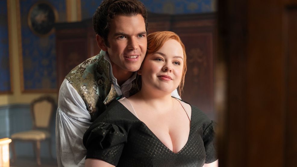Bridgerton. (L to R) Luke Newton as Colin Bridgerton, Nicola Coughlan as Penelope Bridgerton in episode 401 of Bridgerton. Cr. Liam Daniel/Netflix © 2025