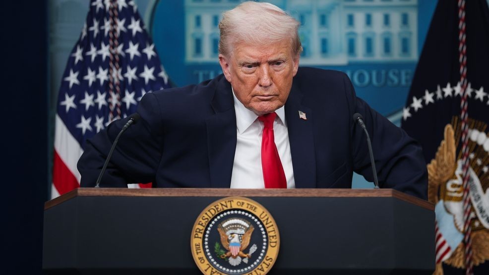 President Donald Trump takes questions from the media during a press briefing in the James S. Brady Press Briefing Room of the White House on January 20, 2026 in Washington, DC.