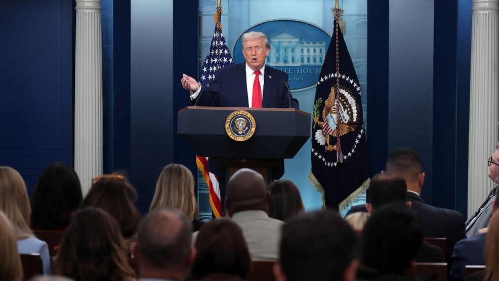 President Donald Trump speaks to the media during a press briefing in the James S. Brady Press Briefing Room of the White House on January 20, 2026 in Washington, DC.