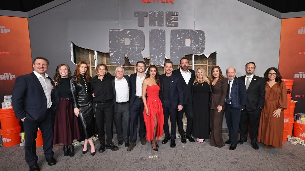 NEW YORK, NEW YORK - JANUARY 13: (L-R) Tim Weyers, Alison Winter, Clementine Callaway, GiGi Fouquet, Philip Goore, Dillon West, Luciana Barroso Damon, Matt Damon, Ben Affleck, Karen Willaman, Chay Carter, Kevin Halloran, Sasha Veneziano and Amy Baer attend The Rip World Premiere at Alice Tully Hall on January 13, 2026 in New York City. (Photo by Roy Rochlin/Getty Images for Netflix)