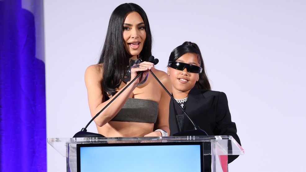 BEVERLY HILLS, CALIFORNIA - APRIL 23: (L-R) Kim Kardashian and North West speak onstage during The Daily Front Row's Seventh Annual Fashion Los Angeles Awards at The Beverly Hills Hotel on April 23, 2023 in Beverly Hills, California. (Photo by Monica Schipper/Getty Images for Daily Front Row)