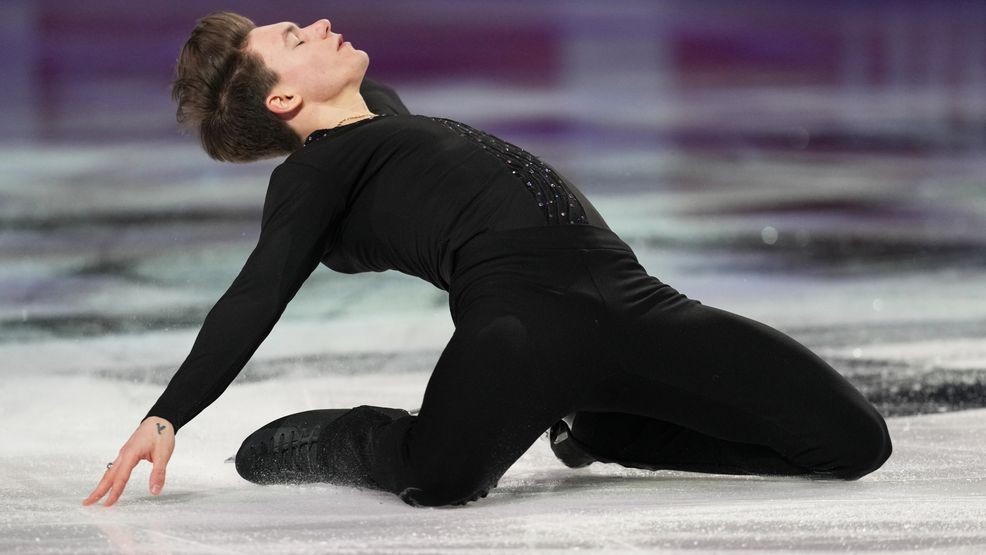Maxim Naumov skates during the "Making Team USA" performance at the U.S. Figure Skating Championships, Sunday, Jan. 11, 2026, in St. Louis. (AP Photo/Stephanie Scarbrough)